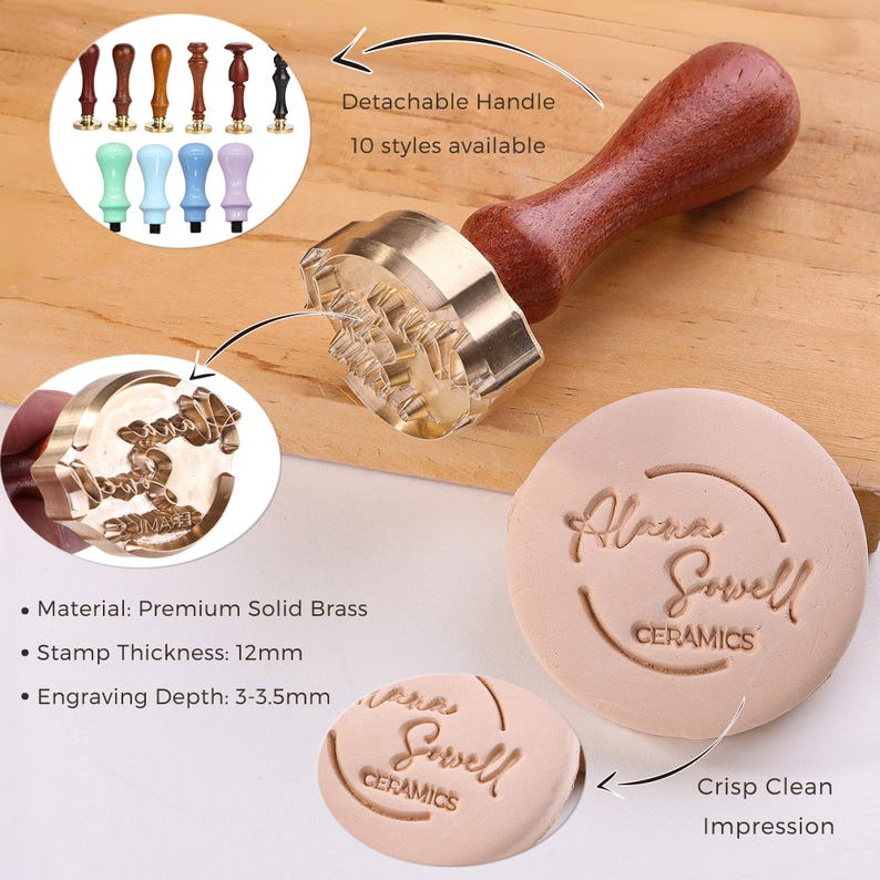 May include: A brass wax seal stamp with a wooden handle, alongside examples of wax seals. The stamp has the text "Alana Sowell Ceramics" and is made of premium solid brass. The stamp thickness is 12mm.