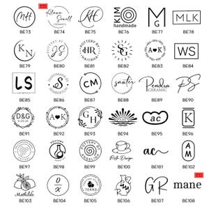 May include: A collection of black and white logo designs, each within a circle or square, featuring initials, text, and graphic elements. Some include the text "handmade" or "ceramics". The logos are for pottery and design.