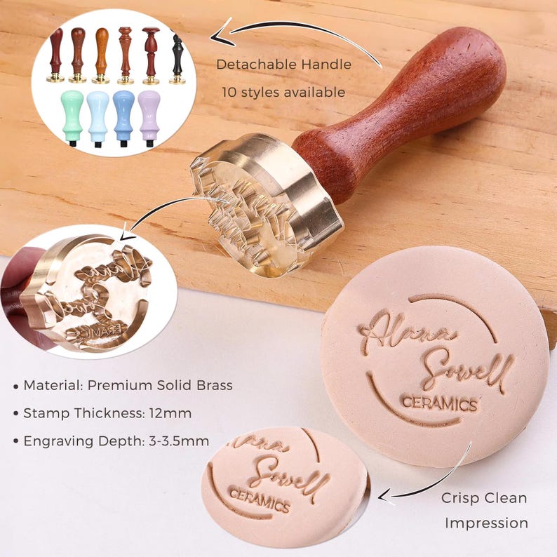 May include: A brass wax seal stamp with a detachable wooden handle. The stamp features the engraved text Alana Sowell CERAMICS. The set includes a brass head with a 12mm thickness and 3-3.5mm engraving depth, creating a crisp clean impression on clay.