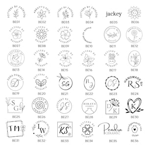 May include: A collection of thirty-six black and white circular, square, and oval stamp designs featuring various botanical illustrations, monograms, and text labels such as Pottery by Jackson, Nathania, and others, arranged in a grid format.