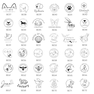 May include: A collection of black and white circular and graphic stamps featuring various animal, insect, and floral illustrations alongside personalized text labels. Each design is labeled with a unique code from BE37 to BE72, showcasing diverse logos for pottery branding.