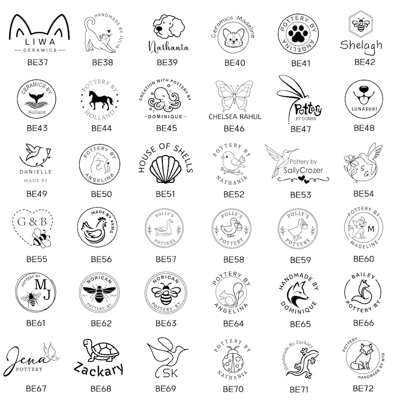 May include: A collection of black and white circular and graphic stamps featuring various animal, insect, and floral illustrations alongside personalized text labels. Each design is labeled with a unique code from BE37 to BE72, showcasing diverse logos for pottery branding.