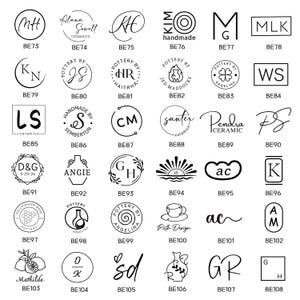 May include: A collection of thirty-six black and white logo designs arranged in a grid, each labeled with a unique code from BE73 to BE108. The designs feature various monograms, typography, and illustrations including pottery, leaves, and suns.
