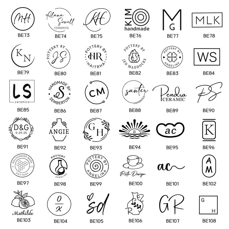 May include: A collection of thirty-six black and white logo designs arranged in a grid, each labeled with a unique code from BE73 to BE108. The designs feature various monograms, typography, and illustrations including pottery, leaves, and suns.
