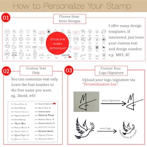 May include: An instructional graphic titled How to Personalize Your Stamp, featuring three sections. Section 01 displays numerous circular stamp design templates. Section 02 lists twenty custom text font options. Section 03 shows examples of uploading a custom signature and logo.