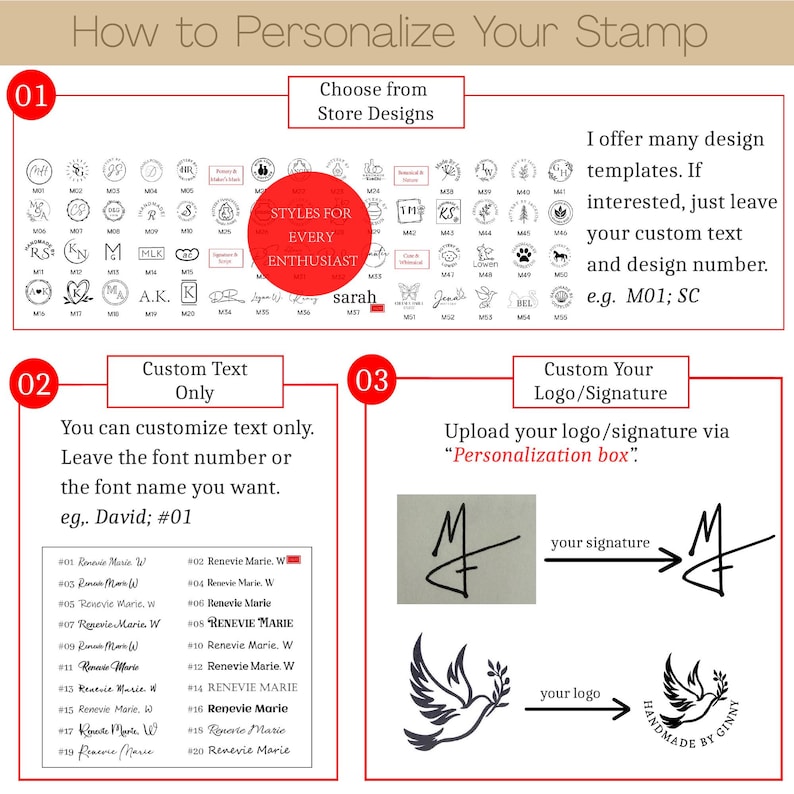 May include: An instructional graphic titled How to Personalize Your Stamp, featuring three sections. Section 01 displays numerous circular stamp design templates. Section 02 lists twenty custom text font options. Section 03 shows examples of uploading a custom signature and logo.