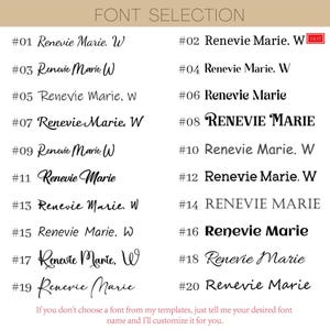 May include: A font selection chart displaying twenty numbered black text samples of the name Renevie Marie. W in various typefaces. The header reads FONT SELECTION and the bottom text states: If you don't choose a font from my templates, just tell me your desired font name and I'll customize it for you.