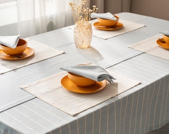 Striped Soft Blue Cotton Tablecloth Set – Runner, Placemats, Napkins, Natural Dining Table Decor