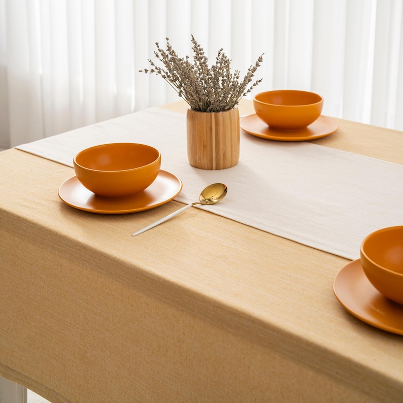 Mantel navideño de algodón – Tamaño personalizado. Funda rústica para mesa de comedor navideña, estilo vintage. 4-Soft Mustard