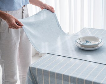 Chemin de table en coton bleu doux – décoration de salle à manger vintage, cadre de table naturel