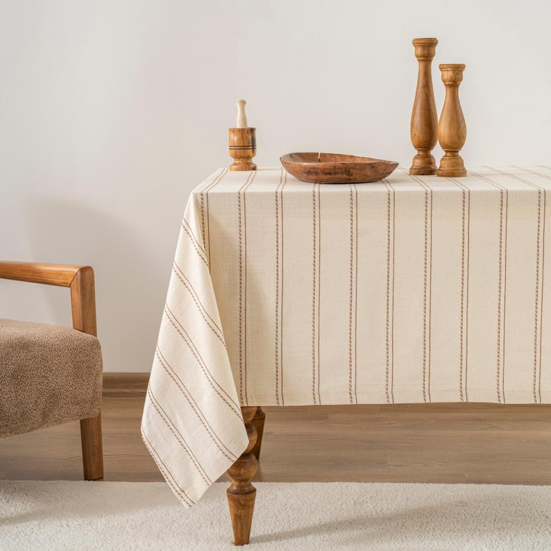 Mantel navideño de algodón – Tamaño personalizado. Funda rústica para mesa de comedor navideña, estilo vintage. 9-Brown Striped