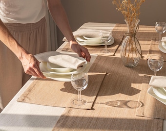 Ensemble de nappes en coton beige latte - chemin de table, sets de table, serviettes de table, décoration de table à manger vintage