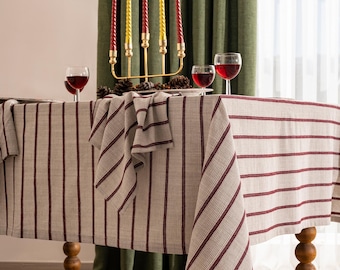 Gestreifte Weihnachtstischdecke und Servietten-Set - Natürliche Feiertags-Tischdekoration, Vintage Tischdecke