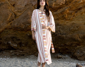 Leinen Kimono Robe - Gestreifte Strandüberdeckung, Boho Sommer Kimono, Leichte Loungewear