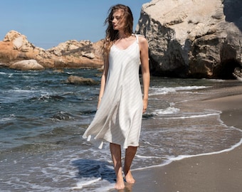 Robe midi en lin à rayures bleues - Robe de plage coupe ample