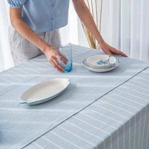 Mantel navideño de algodón – Tamaño personalizado. Funda rústica para mesa de comedor navideña, estilo vintage. 12-Soft Blue Striped