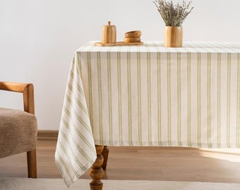 Grün gestreifte individuelle Tischdecke - Tischdecke im Vintage-Stil, neutrale Baumwolltischdecke