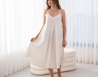 Abito midi in lino a righe blu – Abito sottoveste da spiaggia dalla vestibilità comoda