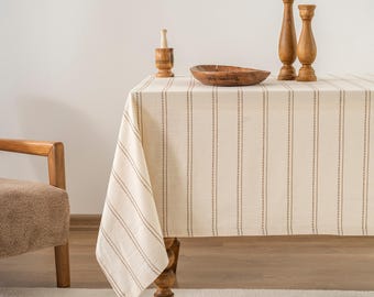 Creme mit braun gestreifter Tischdecke - Tischdecke im Vintage-Stil, neutrale Baumwoll-Tischdekoration