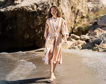 Leinen Kimono - Warme Neutral Gestreifte Robe, Vintage Loungewear, Urlaubs Outfit