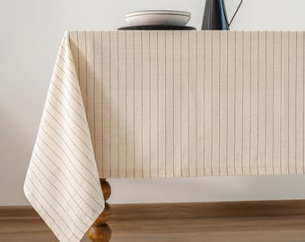 Schwarz gestreifte weiße Tischdecke - Tischdekoration im Vintage-Stil, Tischdecke aus natürlicher Baumwolle