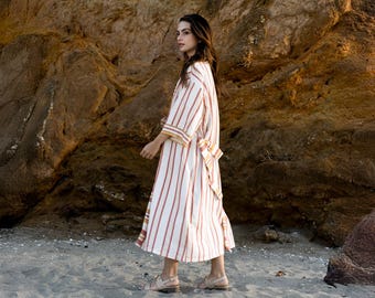 Peignoir kimono en lin - Tunique de plage à rayures, kimono d'été bohème, vêtements de détente légers