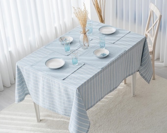 Creme gestreifte, weichblaue Tischdecke - Tischdekoration im Vintage-Stil, Tischdecke aus natürlicher Baumwolle