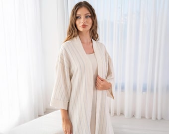 Striped Linen Kimono Jacket – Minimal Women Robe, Relaxed Lounge Clothing, Beachwear