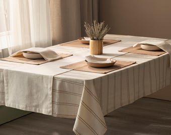 Creme mit braun gestreifter Baumwolle Tischdecke Set: Läufer, Tischset, Servietten, Vintage Wohndekor