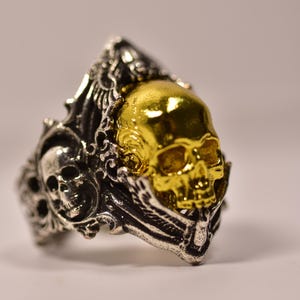 Two Tone Gold Plated Titanium Steel Skull Ring, Adjustable Open Band Gothic Biker Mens Statement Ring