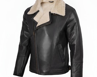 Chaqueta de aviador vintage de piel de oveja negra, estilo B3, con cuello de piel, abrigo de invierno.