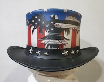 Handmade Leather Top Hat: Patriotic American Flag Eagle Design