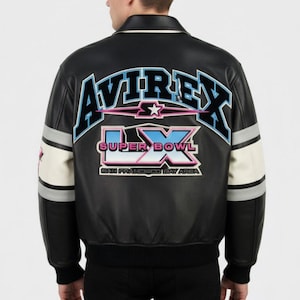 Chaqueta universitaria de cuero negro Avirex: chaqueta bomber bordada para el Super Bowl IX imagen 1