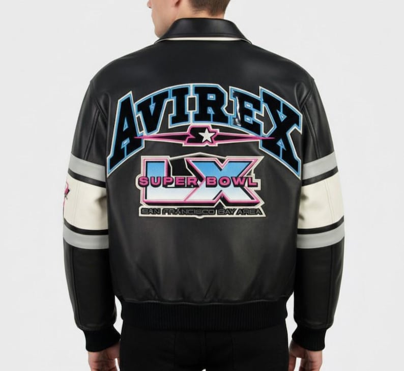 Chaqueta universitaria de cuero negro Avirex: chaqueta bomber bordada para el Super Bowl IX imagen 1