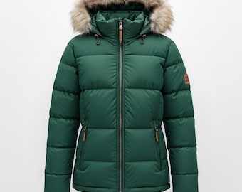 Chaqueta acolchada verde bosque con capucha de piel sintética, abrigo cálido de invierno para exteriores, diseño acolchado