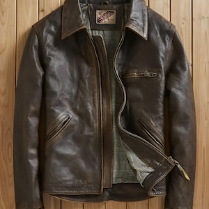 Vintage bruin leren jack voor heren, klassieke retro motorjas van echt rundleder