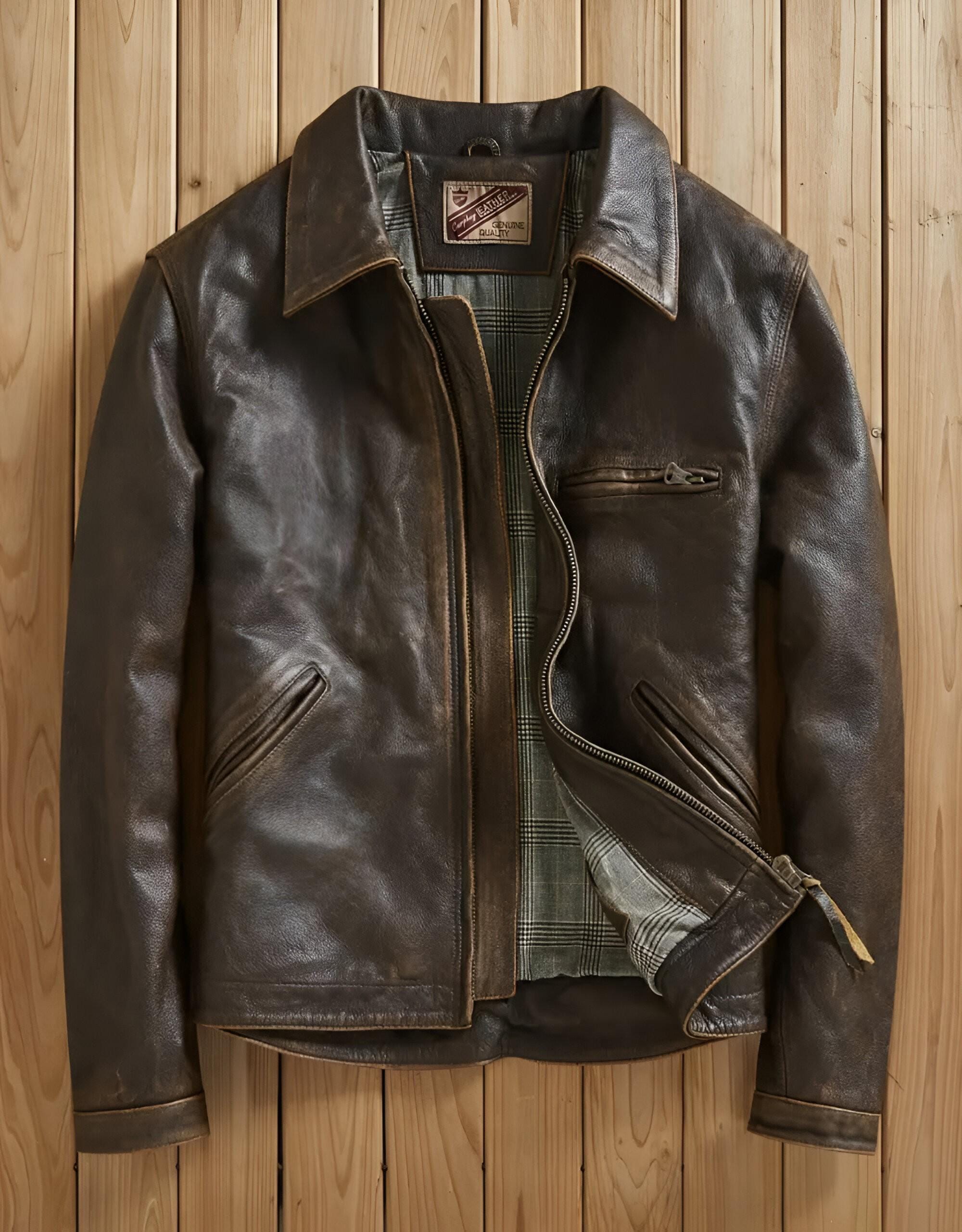 Vintage Brown Leather Jacket for Men, Distressed Genuine Cowhide