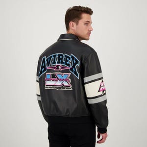Chaqueta universitaria de cuero negro Avirex: chaqueta bomber bordada para el Super Bowl IX imagen 4