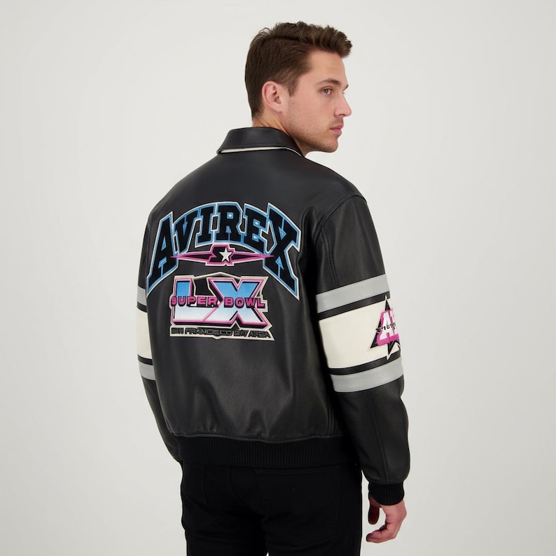 Chaqueta universitaria de cuero negro Avirex: chaqueta bomber bordada para el Super Bowl IX imagen 4