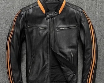 Chaqueta motera de cuero negra para hombre: abrigo vintage estilo café racer con mangas a rayas