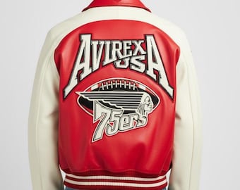 Chaqueta de cuero Avirex USA 75ers Varsity Cowsoft, color rojo crema