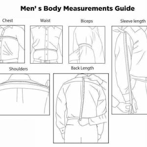 Puede incluir: Ilustraci&oacute;n en blanco y negro titulada "Gu&iacute;a de medidas corporales para hombres". La gu&iacute;a muestra c&oacute;mo medir el pecho, la cintura, los b&iacute;ceps, la longitud de la manga, los hombros y la longitud de la espalda. Cada medida est&aacute; ilustrada.
