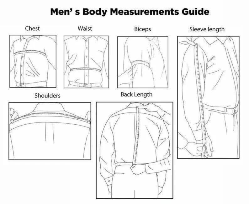 Puede incluir: Ilustraci&oacute;n en blanco y negro titulada "Gu&iacute;a de medidas corporales para hombres". La gu&iacute;a muestra c&oacute;mo medir el pecho, la cintura, los b&iacute;ceps, la longitud de la manga, los hombros y la longitud de la espalda. Cada medida est&aacute; ilustrada.