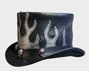 Handcrafted Leather Skull Flame Top Hat – Gothic Biker Steampunk Hat