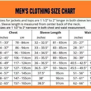 Puede incluir: Tabla de tallas de ropa para hombre, con medidas en pulgadas y cm. Incluye medidas de pecho, largo de manga y cintura, de XS a 5XL. Tambi&eacute;n incluye notas sobre tallas altas y slim.
