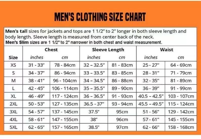 Puede incluir: Tabla de tallas de ropa para hombre, con medidas en pulgadas y cm. Incluye medidas de pecho, largo de manga y cintura, de XS a 5XL. Tambi&eacute;n incluye notas sobre tallas altas y slim.