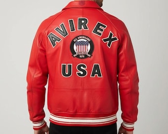 Chaqueta bomber de cuero Avirex USA Red Icon: abrigo urbano de piel de vaca