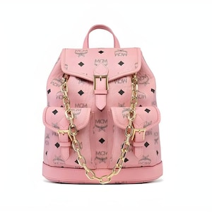 Sac à dos MCM Aren avec cordon de serrage en visetos - Sac à dos en cuir monogramme rose avec finitions dorées