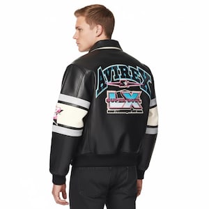 Chaqueta universitaria de cuero negro Avirex: chaqueta bomber bordada para el Super Bowl IX imagen 5