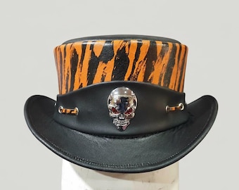 Sombrero de copa de cuero hecho a mano: estampado de tigre, emblema de calavera, estilo rock gótico.
